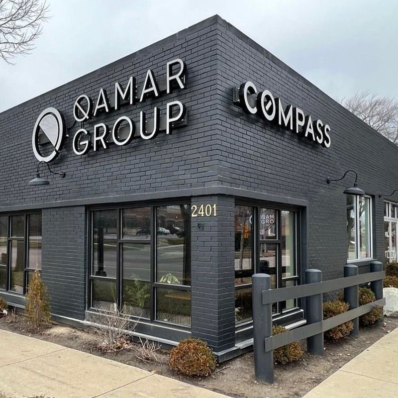 Qamar Group / Compass — Corner Building — Magic Sign Design Chicago